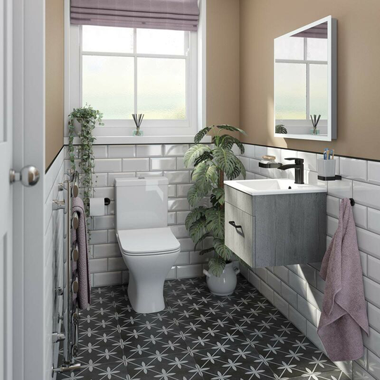 Orchard Lea concrete wall hung vanity unit with black handle 420mm and Derwent square close coupled toilet suite - Grey