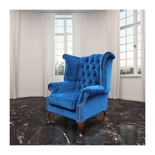 Chesterfield Fabric Queen Anne High Back Wing Chair Royal Blue