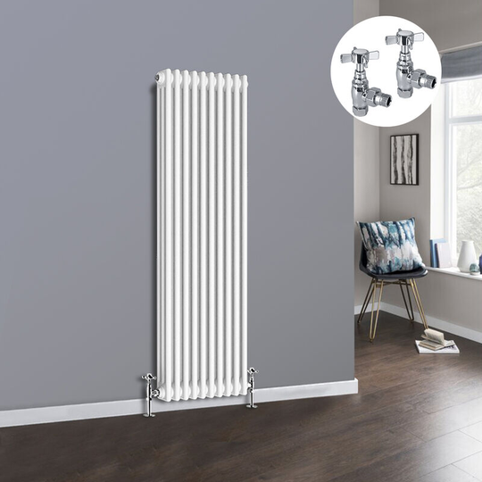 NRG - White 3 Column Traditional Cast Iron Style Radiator with Chrome Angled Cross Head Manual Valves Vertical 1500x472mm