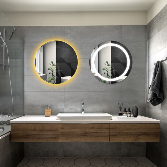 Bathroom led Mirror Modern Wall Mounted Round Bathroom Mirror 600x600mm Frameless + 600x600mm Backlit Both with Demister Pad - Elegant