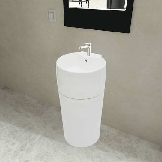 Ceramic Stand Bathroom Sink Basin Faucet/Overflow Hole White Round - White
