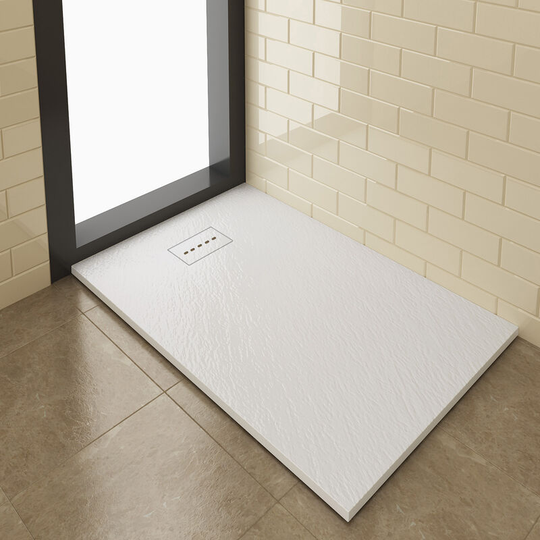 1200x800mm White Slate Effect Shower Tray Slimline Rectangular Grain Shower Base with Waste Trap and Drain Cover - Elegant