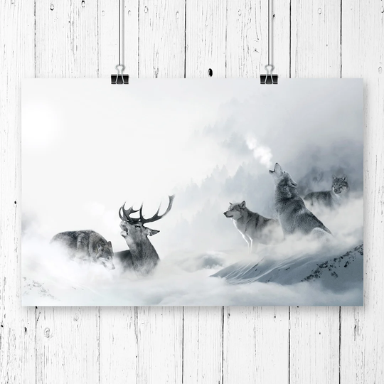 'Wolves and Stag Deer Forest Landscape' Graphic Art