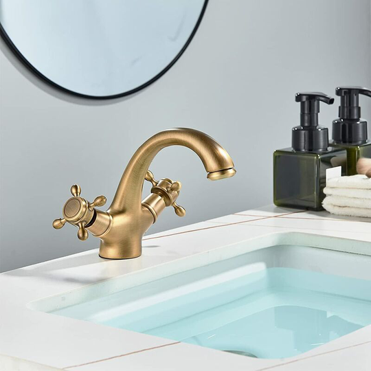 Suguword - Vanity Sink Tap Deck Mounted Antique Brass Double Hot and Cold Water Single Spout Faucet