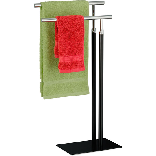 Free-Standing Towel Rack, 2 Rails, HxWxD 78 x 44 x 20 cm, Bathroom Stand, Clothes Valet, Steel, Black/Silver - Relaxdays