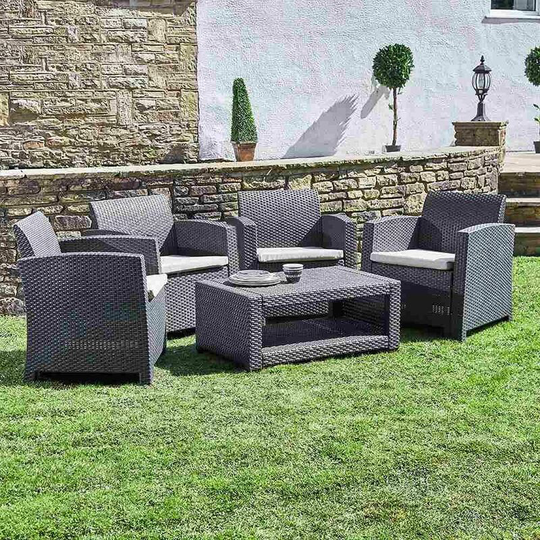 Marbella 4 Seat Rattan Armchair Outdoor Garden Set Coffee Table Graphite Cream - Black