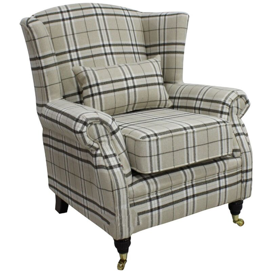 Wing Chair Fireside High Back Armchair Balmoral Beige Check Fabric