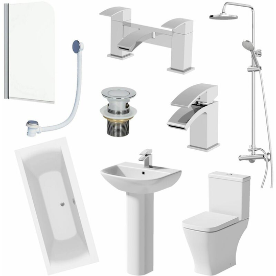1700mm Bathroom Suite Double Ended Bath Shower Toilet Pedestal Basin Taps Screen - White
