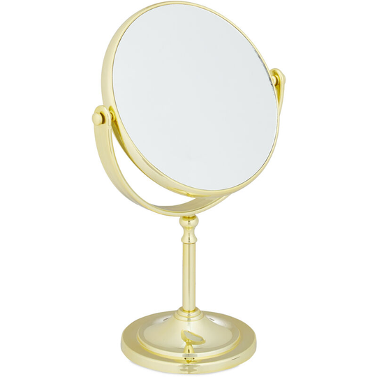 Makeup Mirror, 2x Magnification, Double-Sided, Swivels 360°, Round, Standing, HxWxD: 27.5x18x10.5 cm, Gold - Relaxdays