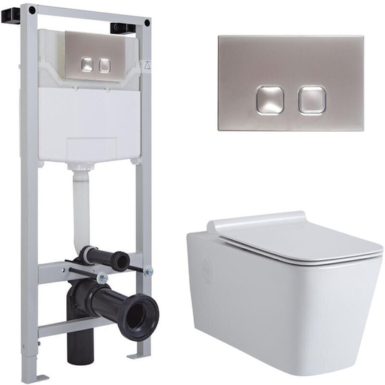 Milano - Elswick - White Ceramic Modern Bathroom Wall Hung Square Toilet wc with Tall Wall Frame Cistern and Square Chrome Flush Plate