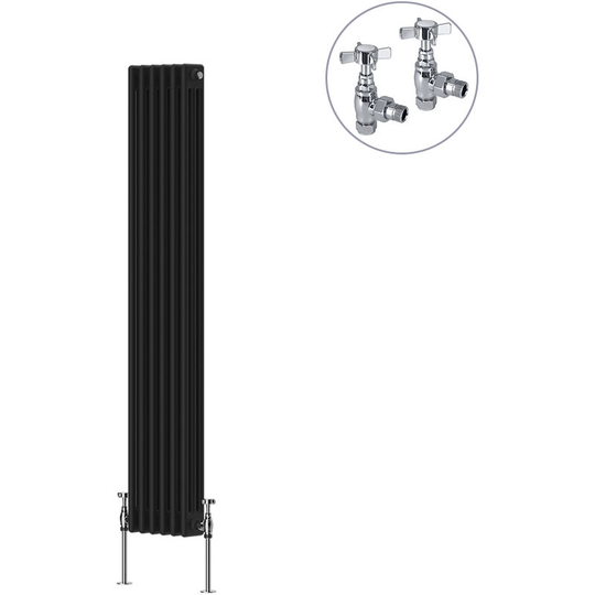 Black Traditional Cast Iron Style Radiator with Chrome Angled Cross Head Manual Valves Vertical 3 Column 1500x292mm