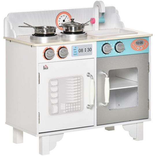 Kids Wooden Toy Kitchen Pretend Playset with Sink Faucet Pot for 3-6 Year - White - Homcom