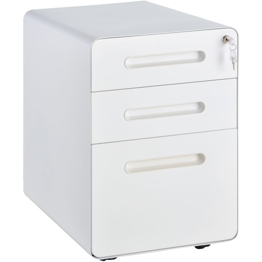 3 Draw Modern Steel Filing Cabinet w/ 4 Wheels Lock Pencil Box White - White - Vinsetto