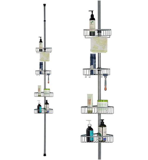 4 Tier Telescopic Shower Caddy, No Drill Bathroom Shelf, Silver