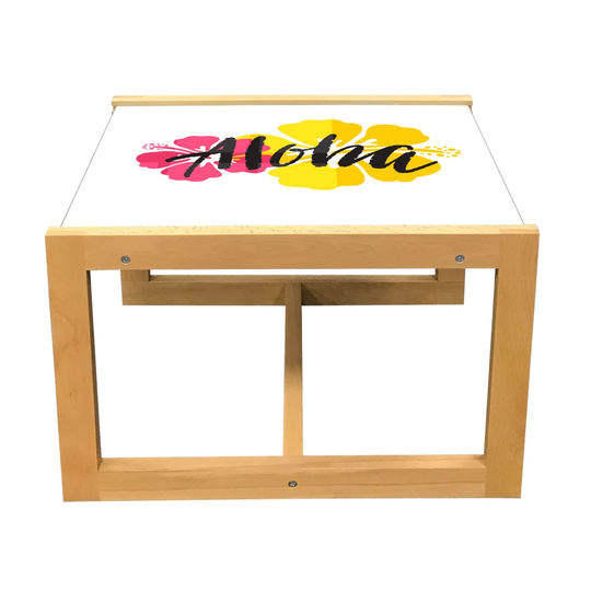 Aloha Coffee Table, Brush Stroke Effect Typography With Hibiscus Flower Motifs, Acrylic Glass Center Table With Wooden Frame For Offices Dorms Earth Y