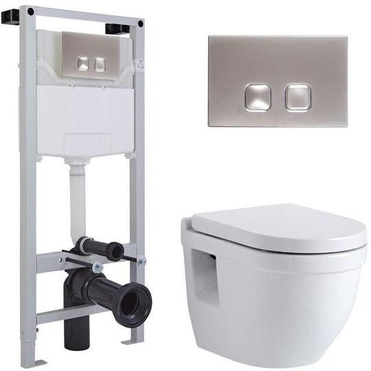 Milano - Newby - White Ceramic Modern Bathroom Wall Hung Round Toilet wc with Tall Wall Frame, Dual Flush Cistern, Soft Close Seat and Square Chrome