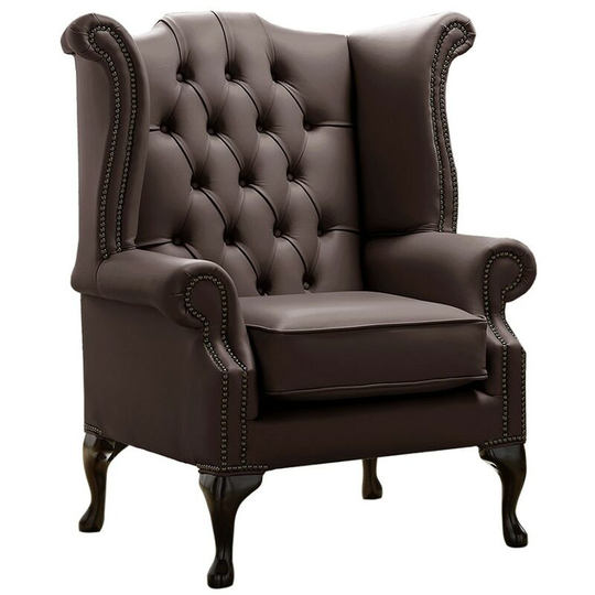 Chesterfield Queen Anne High Back Wing Chair Shelly Mocca Leather