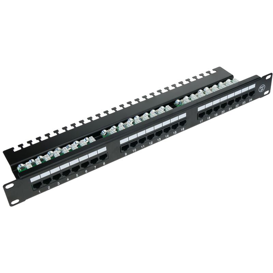 Rackmatic - Patch panel Cat.5e utp 24 RJ45 black 1U with cable management for rack cabinet