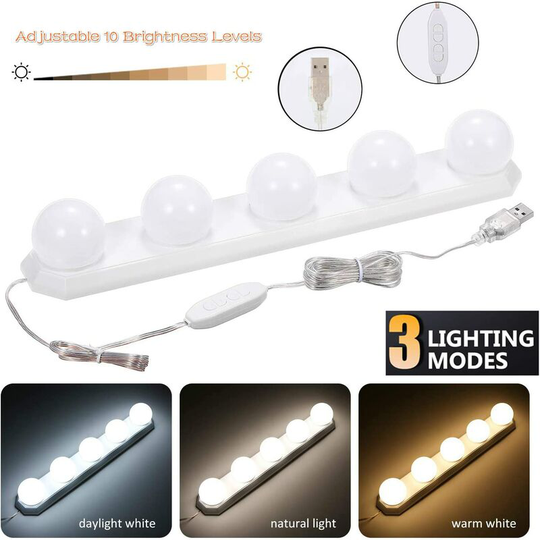 Light LED Mirror 5 Bulbs, Mirror Cosmetic Portable Makeup Lamp with 10 Markets Brightness & 3 Color Modes, USB Rechargeable Cosmetic Mirror Lamp