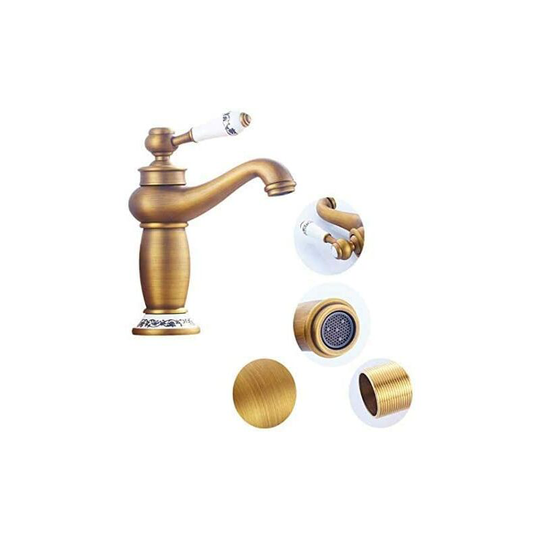 Retro Single Handle Basin Faucet Brass Ceramic Sink Faucet Blue And White Porcelain Long Neck Vintage Floral With Inlet Cold/Hot Water Tap Kitchen