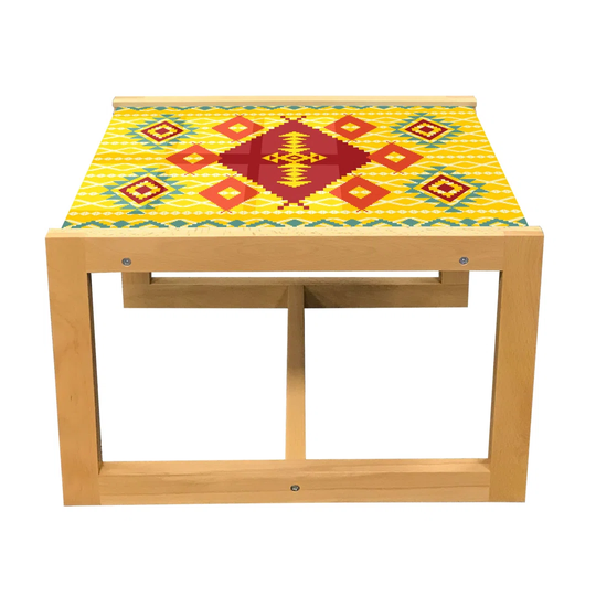Native Coffee Table, Native Indigenous Pattern Rhombus Borders, Acrylic Glass Center Table With Wooden Frame For Offices Dorms Yellow Orange And Red