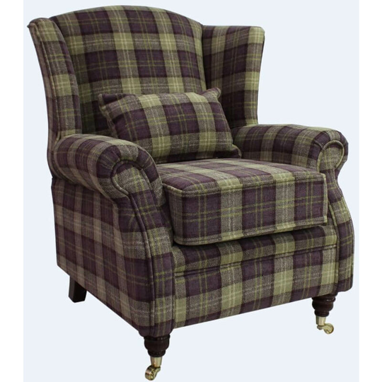 Wing Chair Fireside High Back Armchair Lana Purple Check Fabric