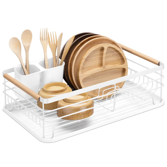 Dish Drainer Rack - Plate, Cutlery, Pots And Pans Drying Rack For Kitchen With Beechwood Handles - Modern Retro Design Drip Tray - White