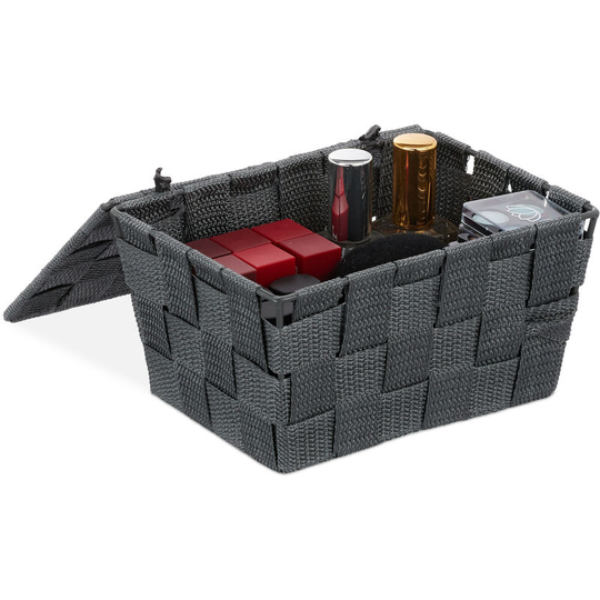 Set of 1 Relaxdays Lidded Storage Basket with Lid, Bathroom Storage, pp, HxWxD: 10.5 x 19.5 x 14.5 cm, Grey