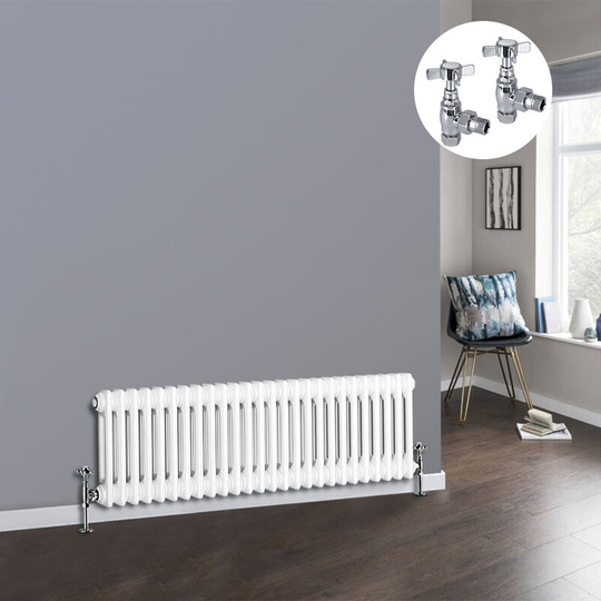 White 2 Column Traditional Cast Iron Style Radiator with Chrome Angled Cross Head Manual Valves Horizontal 300x1190mm