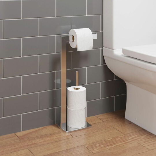 Bathroom wc Square Floor Standing Chrome Toilet Roll Holder Modern Storage Tidy - Silver