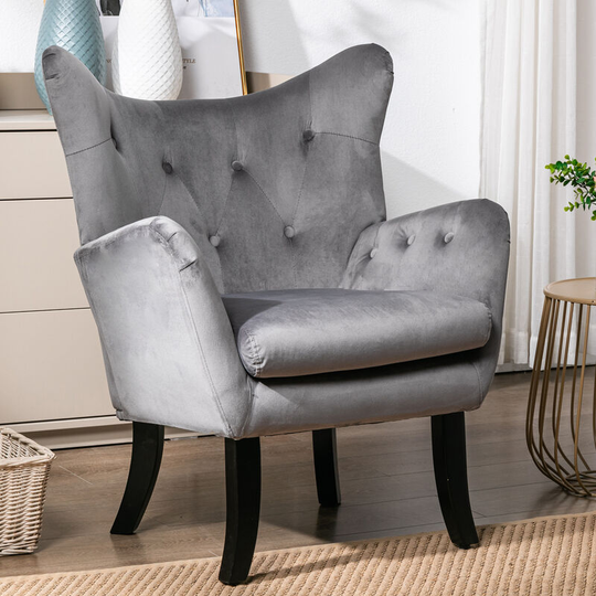 Wingback Armchair Velvet Chair Button Tufted Upholstered Single Sofa Accent Chair Living Room Armchair, Grey