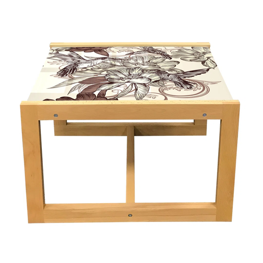 Hummingbirds Coffee Table, Pattern With Birds And Flowers Classic Style Ornamental Design Floral Print, Acrylic Glass Center Table With Wooden Frame F