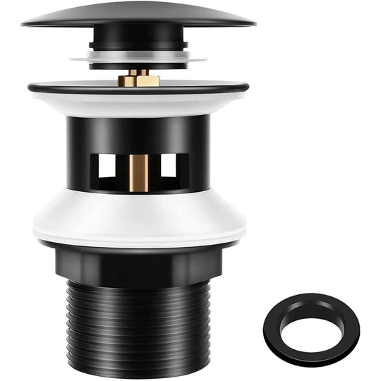Slavabo shield with matt black overflow, universal chonphan G1 1/4 brass valve pop-up drain fid on sink, click-clac, installation without tools