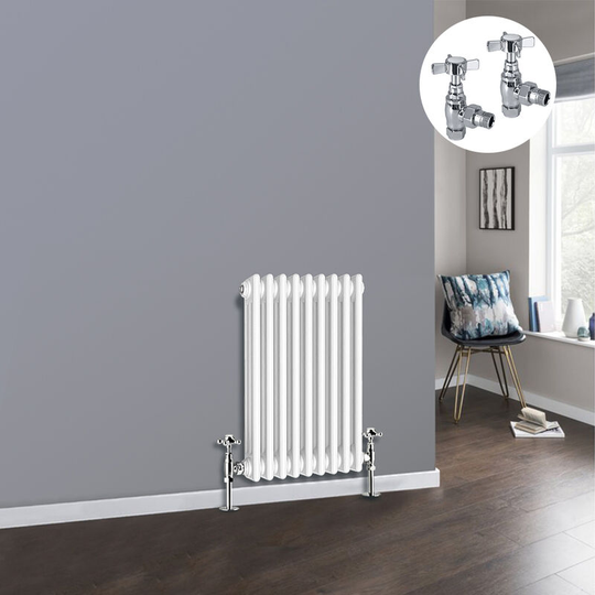 White 3 Column Traditional Cast Iron Style Radiator with Chrome Angled Cross Head Manual Valves Horizontal 600x427mm