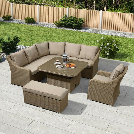 Nova - Deluxe Harper Outdoor Rattan Corner Dining Set - Rising Garden Table & Sofa with Armchair & Stool - Willow