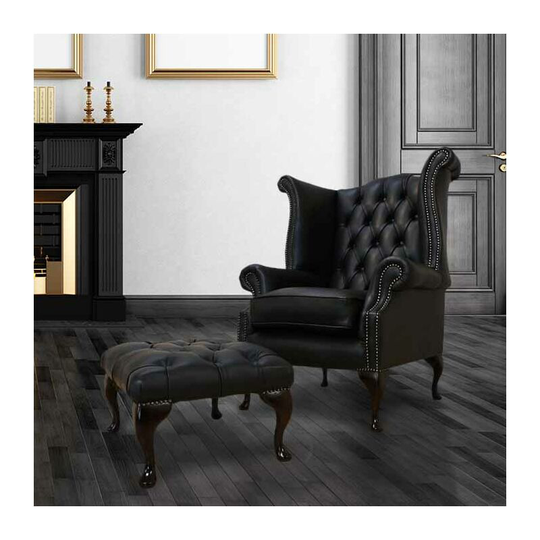 Chesterfield High Back Wing Chair + Footstool Designersofas4u