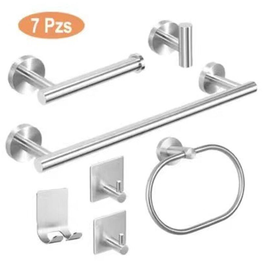 Set of 7 Wall Mounted Silver Bathroom Sets, Robe Hook, Wall Mounted Toilet Paper Holder, Towel Ring, 16'' Towel Rack, Bathroom Accessories, Towel