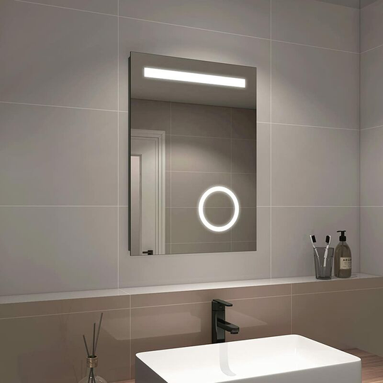 500x700mm led Bathroom Mirror, Cool Light Wall-Mounted Vanity Mirror with Shaver Socket, Button Switch, Demister Pad, 3X Magnifying Mirror - Emke