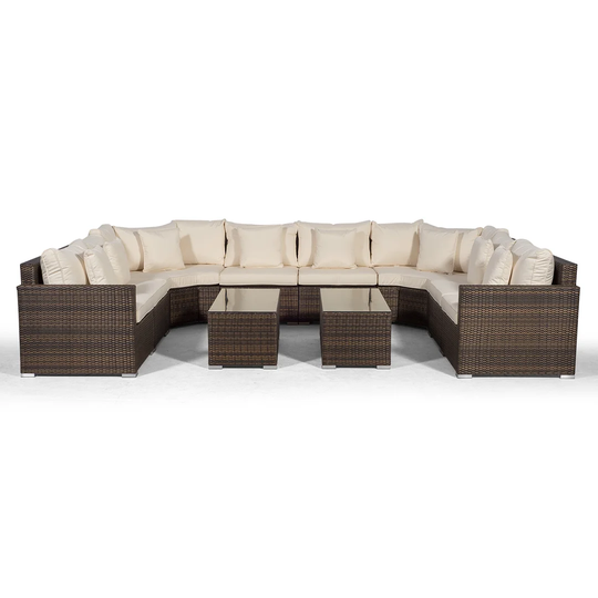 Villasenor Brown Rattan U Shape 8 Seat Sofa With 2 X Rectangular Coffee Table, Outdoor Patio Garden Furniture