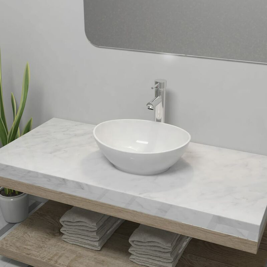 Bathroom Basin with Mixer Tap Ceramic Oval White - White