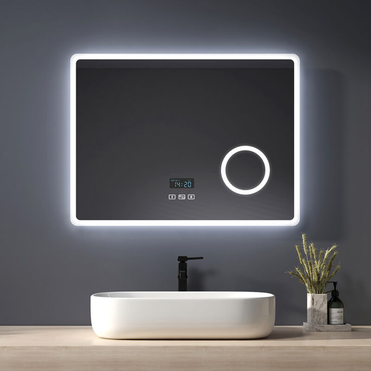 Backlit Illuminated Bluetooth Bathroom Mirror 800x600mm, Wall Mounted Multifunction led Bathroom Vanity Mirror with Touch Switch + Demister + 3-Fold
