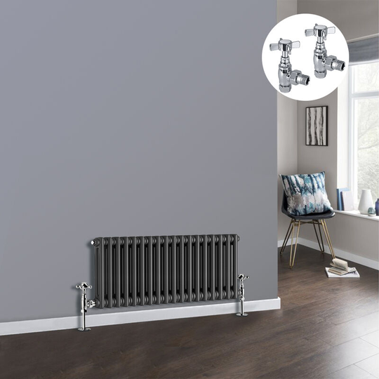 Anthracite 2 Column Traditional Cast Iron Style Radiator with Chrome Angled Cross Head Manual Valves Horizontal 300x830mm