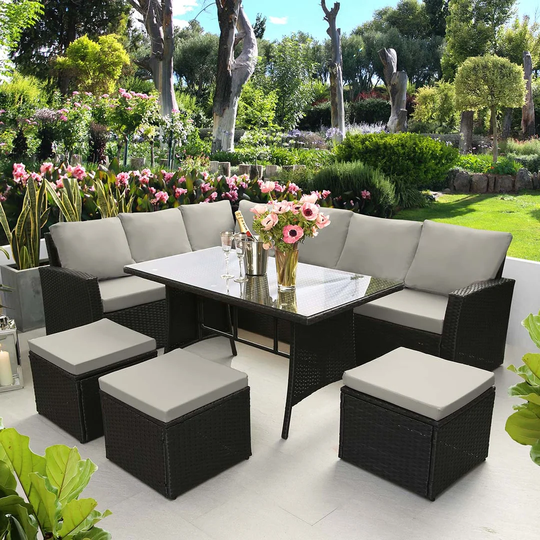 Gurpriya Rattan 9 - Person Sectional Sofa Set with Cushions