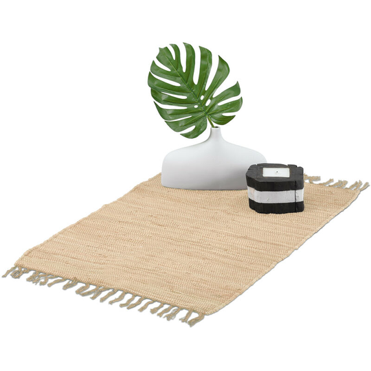 Relaxdays flatweave rug, made of cotton, anti-slip, runner with tassels, floor rug, size 60 x 90 cm, beige