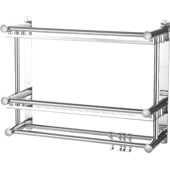 Double-layer Shower Shelf With 2 Towel Bar 4 Hooks No Drilling Adhesive Bathroom Shelf Organizer Wall Mounted Shower Storage Rack for Toilet Dorm