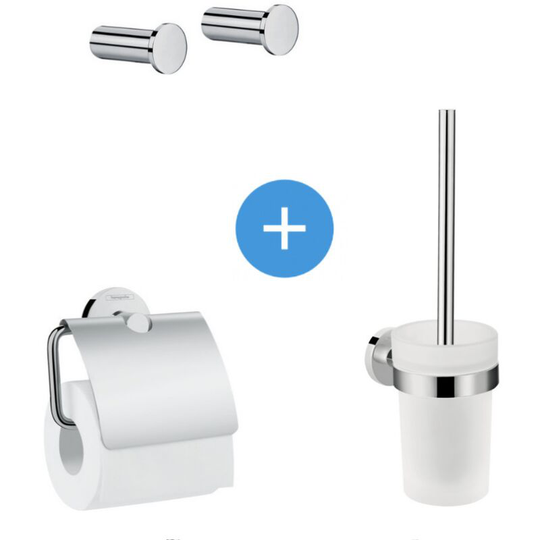 Logis Universal Pack Toilet brush + Set of 2 Bathroom hooks + Toilet paper holder, Chrome (41722000-QuadrioLogis) - Hansgrohe