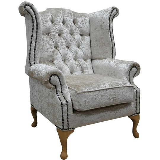 Chesterfield Queen Anne High Back Wing Chair Shimmer Pearl Velvet