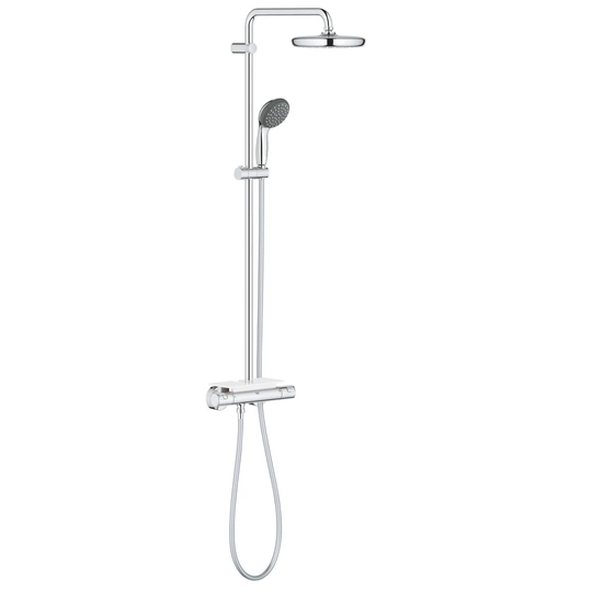 GROHE Vitalio Start 210 Shower System with thermostat with tray, water saving 210mm head shower and 100mm 2-spray hand shower in chrome. Easy to fit a