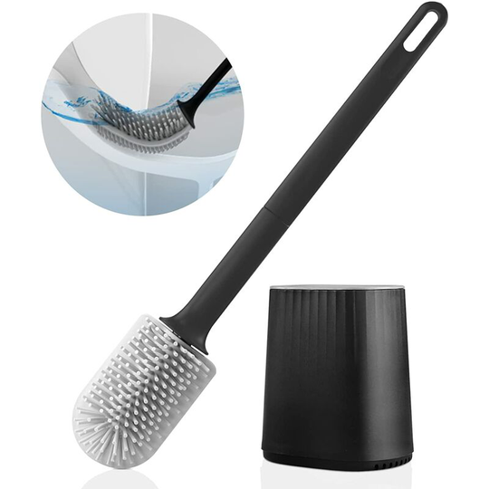Toilet Brush, Silicone Toilet Brush with 3 in 1 Multi-Function Brush Head and Quick-Drying Holder, Wall-Mounted Toilet Brush for Bathroom (Black)