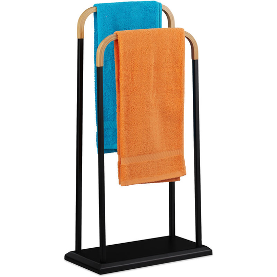 Freestanding Metal Towel Rack, 2 Bamboo Rails, Bathroom, Hand & Bath Towels, h x w x d 85 x 45 x 22 cm, Black - Relaxdays